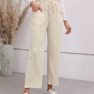 Solid Textured Light Beige Casual Straight Leg Waist Pants Womens Small